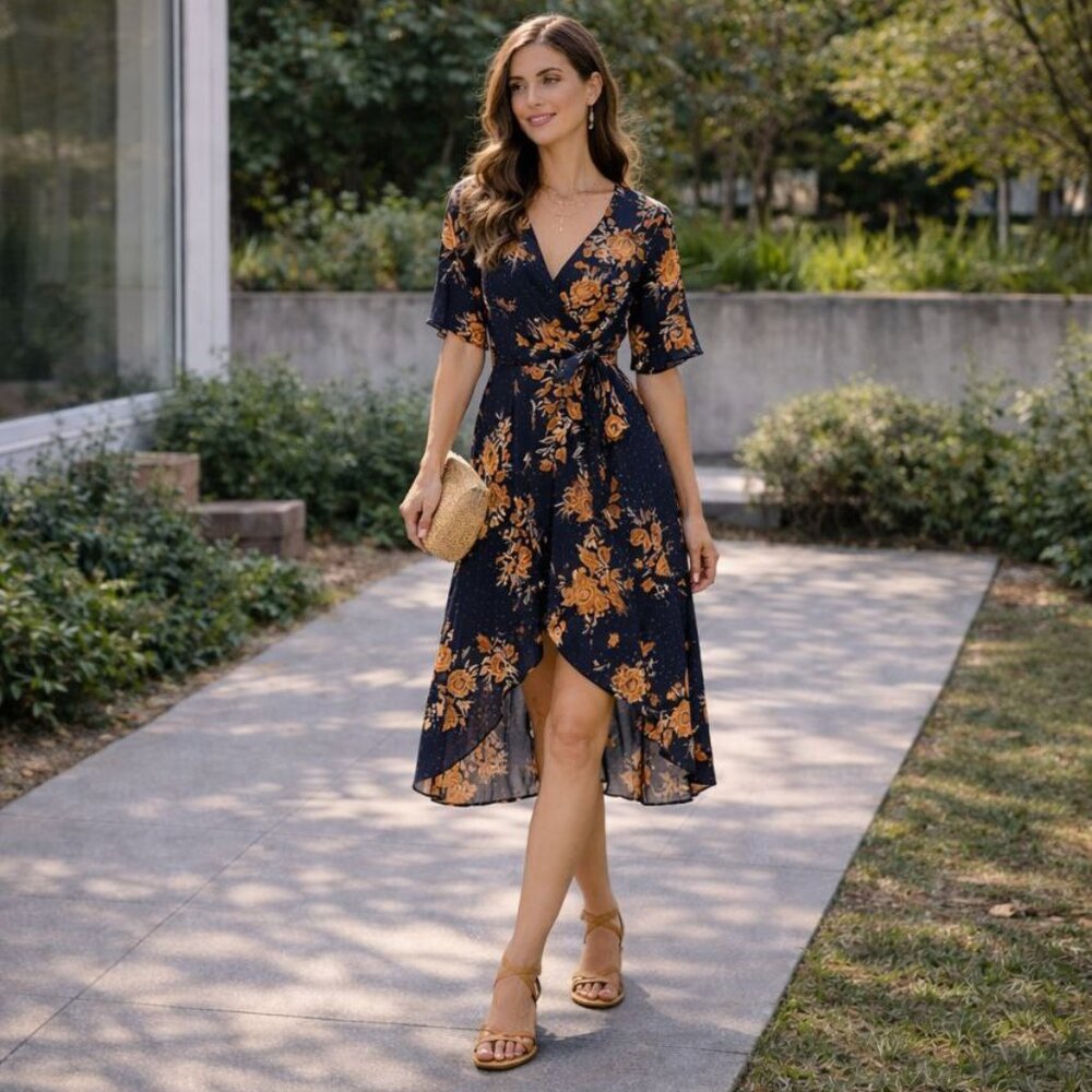 Zara Woman Floral Wrap Maxi Dress Navy/Orange Size S